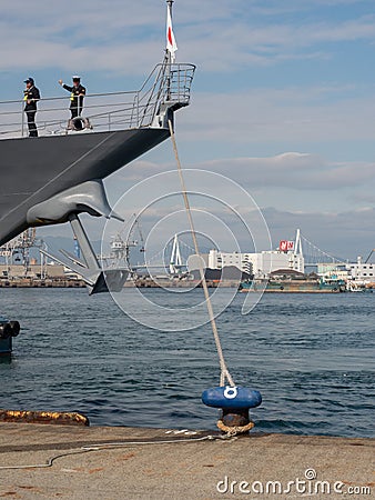 Ship forward tied to the Ñleat on the pier in Osaka port Japan Editorial Stock Photo